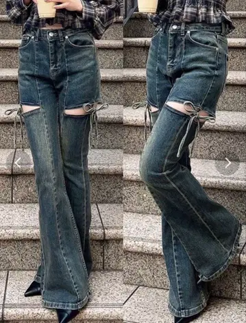 RESEXXY 컷 아웃 리본 데님 팬츠 데님 청바지 블루 XS