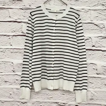 그로브 [L] 긴팔 보더 가디건 크루넥 얇은 소재 화이트