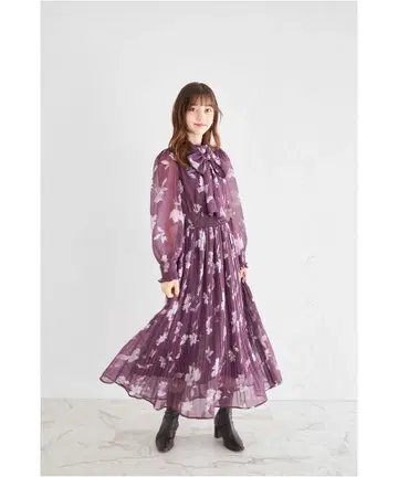 2WAY 보타이 리본 포함 플라워 프린트 셔링 플리츠 원피스