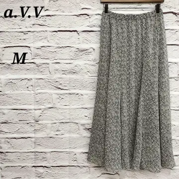 아베베 [ M ] 롱 플레어 스커트 꽃무늬 허리밴딩 블랙 x 화이트