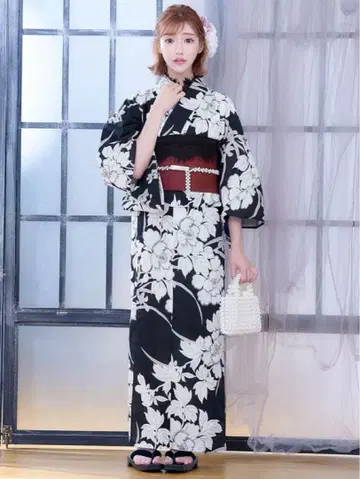 성인 화이트 모란 패턴 유카타 DAZZY