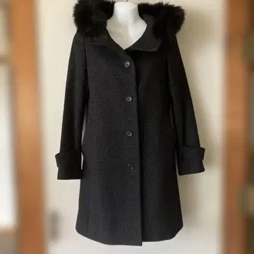 퍼 부착 후드 블랙 트위드풍 코트 사이즈 M