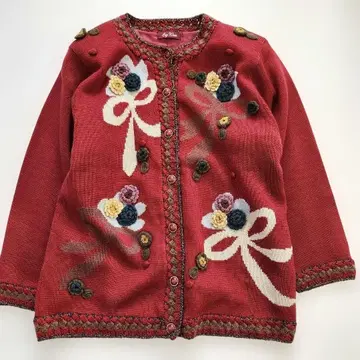 퐁퐁 3D 입체 모티브 큰 가디건 꽃무늬 리본 전체 안감 울 혼방 레트로