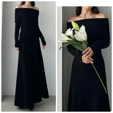 새상품 Louere 오프숄더 플레어 니트 원피스 블랙 L