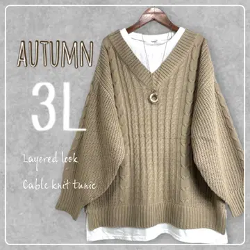 새상품 3L 빅 사이즈 이너 레이어드 스타일 케이블 튜닉 니트 베이지