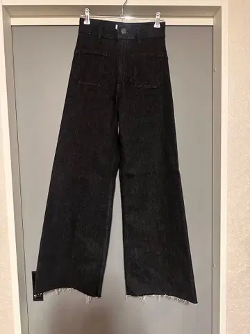 블랙 와이드 데님 팬츠 프린지 밑단