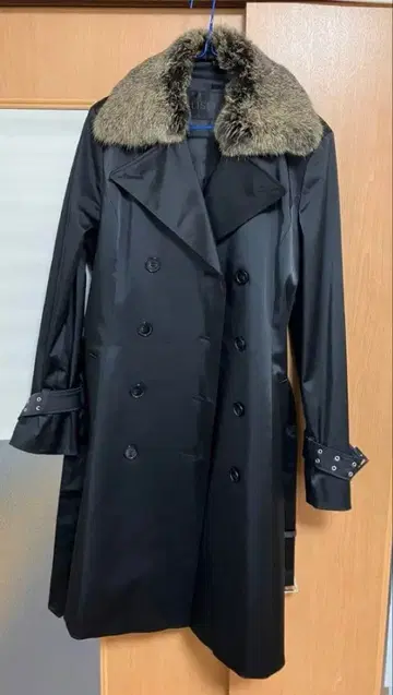 LISSEO 퍼 더블 브레스트 롱 코트