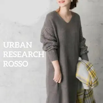 UR 로쏘 편직 V넥 원피스 울 알파카 롱 니트 원피스 케이블 짜임 소매