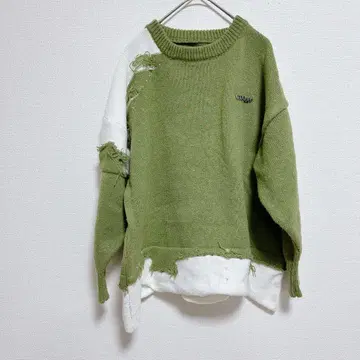 데미지 가공 긴팔 니트 스웨터 L 사이즈 상당 디자인 그린 화이트