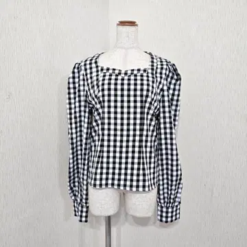 Diosfront 깅엄 체크 스퀘어 넥 블라우스 긴팔 ( M )