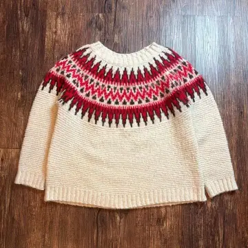 [ 구제 의류 ] 노르딕 무늬 긴팔 니트 스웨터 여성용 화이트 빈티지