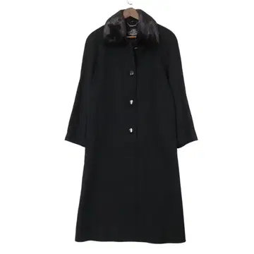 PURE CASHMERE 울 블랙 롱 코트 퍼 카라 부착