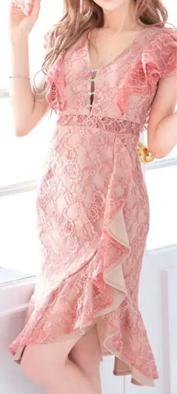 데이지 스토어 핑크 레이스 프릴 머메이드 드레스