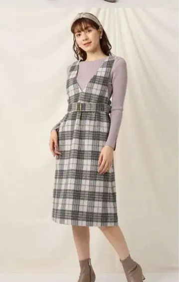 [ 새상품 ] 쿠튀르 브로치 울 혼방 체크 오버롤 스커트 38