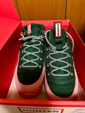 HUNTER 그린 핑크 익스플로러 부츠