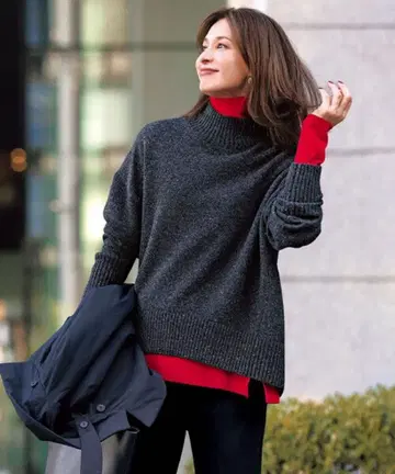 신상 앙피로 캐시미어 혼방 라메 니트 다크 그레이 터틀넥 긴팔 XL