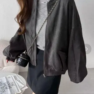 andme 페이크 스웨이드 볼륨 소매 지퍼 블루종 다크 그레이 M 사이즈