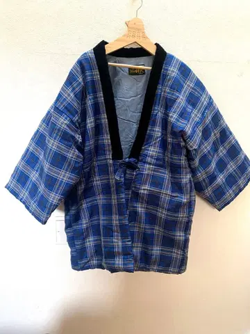 미야타 직물 한텐 파랑과 블랙 체크 무늬 도테라