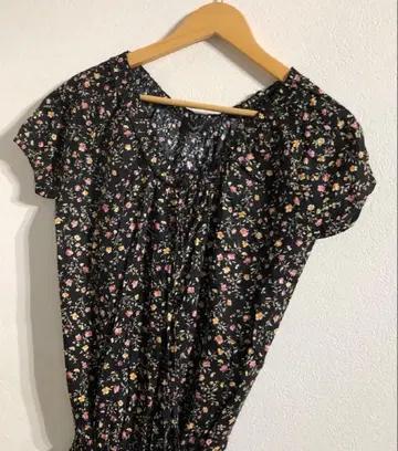 Pumpkin 꽃무늬 반팔 원피스 여성용 블랙 M 빈티지