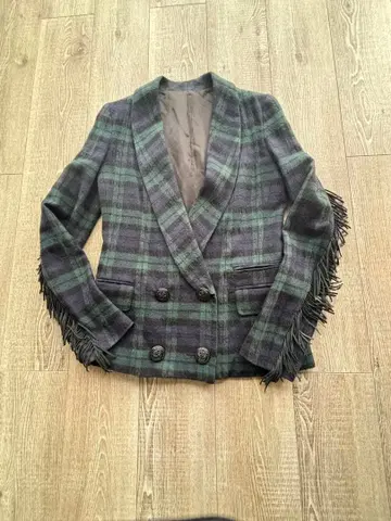 프린지 장식 그린 계열 체크 재킷