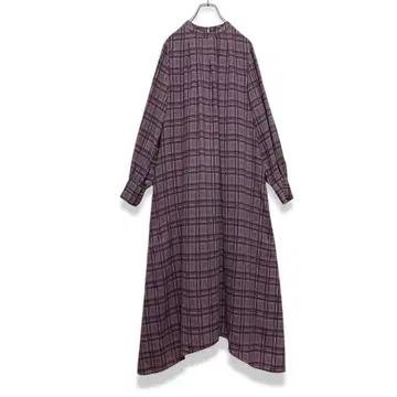 LAYMEE 체크 무늬 롱 원피스 긴팔 리본 벨트 그레이