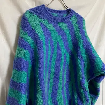 80s 빈티지 모헤어 니트 파랑 보라색 터콰이즈 민트 구제 의류 XL