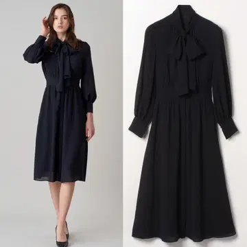 ANAYI 시어 도비 보타이 원피스 38 네이비