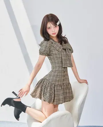 빅 리본 벌룬 체크 미니 원피스