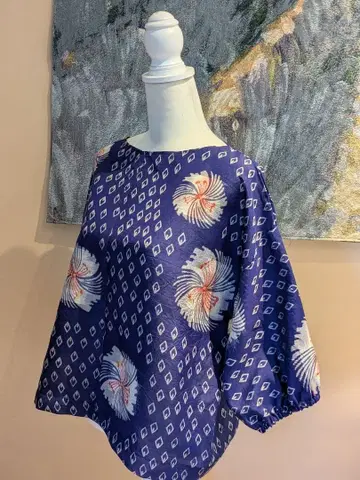 순수 실크  블루 계열 앤티크 기모노 리메이크 7부 소매 풀오버