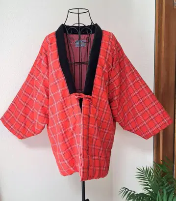 쿠루메 한텐 핸드메이드 일본제 레트로 빨간색 체크 솜 도테라