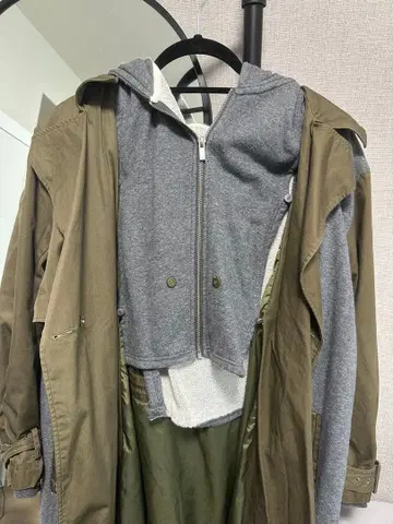 카키 탈부착 후드 모즈 코트 코트 후드티 레이어드