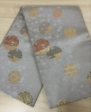 새상품급 후쿠로 오비 만수국 유수 꽃 문양 순수 실크 원형 꽃 문양