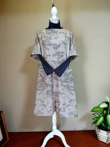 기모노 리메이크 순수 실크 꽃무늬 튜닉 넉넉한 핏 반소매 포켓 부착