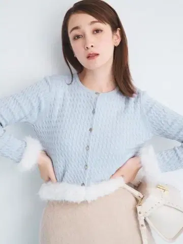 CELFORD 실크 캐시미어 혼방 퍼 트리밍 가디건 SAX