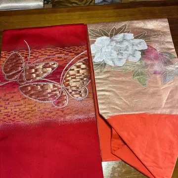 나고야 오비 빨간색 나비 자수 모란 무늬 2개 세트