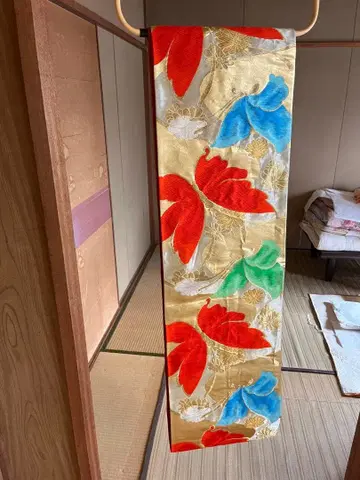 나고야 오비 꽃무늬 빨간색 파랑 그린 골드 컬러