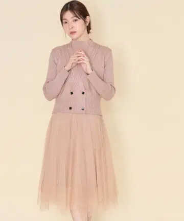 새상품 토코 케이블 짜임 니트 베스트 x 리브 니트 튤 원피스SET