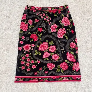 미사용급 레오나르 울 실크 스커트 트리밍 꽃무늬 블랙 여성용