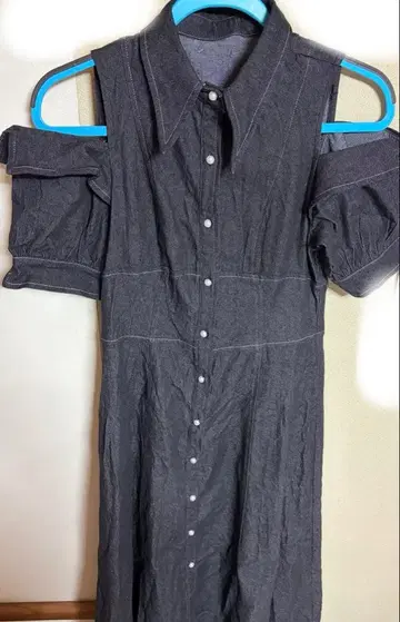 스티치 오픈 숄더 백 레이스 업 데님 셔츠 원피스