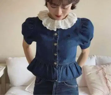 bibiy 데님 프릴 옷깃 페플럼 셔츠 반팔