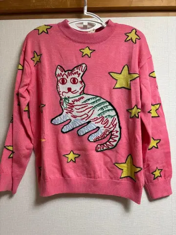Graces 고양이 자수 핑크 스웨터 긴팔