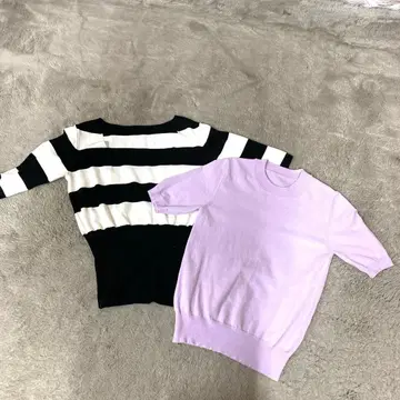 JENNE 제뉴 썸머 니트 2점 화이트 블랙 보더 보라색 S 사이즈