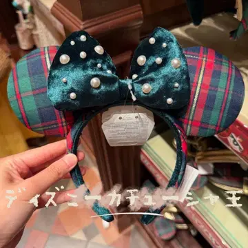 홍콩 디즈니 크리스마스 미키마우스 머리띠 그린 컬러 체크 무늬