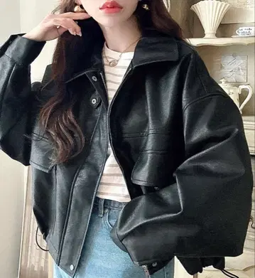 [ 새상품급 ] 2WAY 컬러 숏 기장 인조 가죽 블루종 블랙 L 사이즈