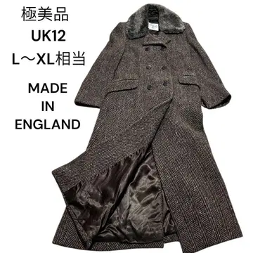 컨디션 최상 트위드 롱 코트 맥시 길이 헤링본 퓨어 울 브라운 XL