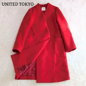 새상품급 유나이티드 도쿄 캐시미어 혼방 노카라 롱 코트 M 빨간색