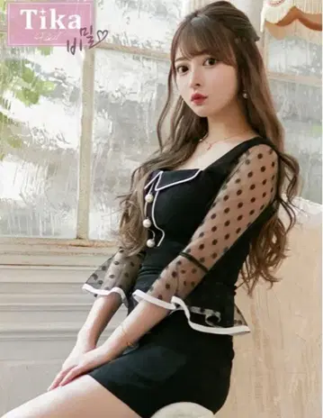 S 사이즈 tika 블랙 도트 시스루 드레스