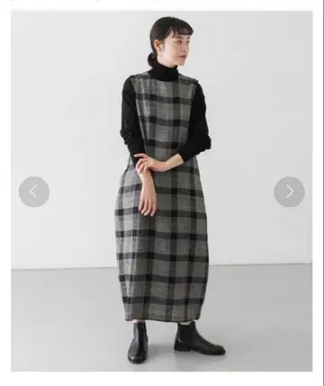 [ 하자품 ] kagure 린넨 울 체크 슬리브리스 원피스