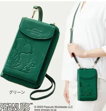 새상품급 스누피 천연 가죽 지갑 숄더 그린 스마트폰 케이스 그린