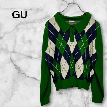 지유 아가일 무늬 폴로넥 니트 스웨터 앞 버튼 레귤러 기장 L